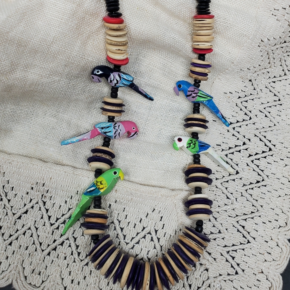 Vintage wooden Tropical bird statement Necklace 30"
